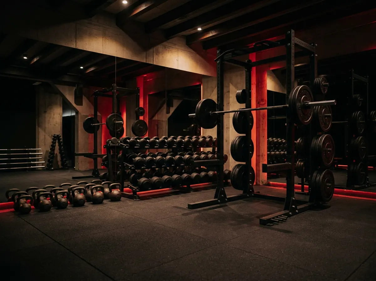 Modern gym training floor with dumbbells and barbells